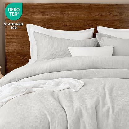 PHF Cotton Muslin Comforter Set Queen Size, Ultra Soft, Breathable & Lightweight All-Season Bedding, Filling: 100% Polyester, 3 Pieces with 1 Comforter 90"x90" and 2 Pillow Shams 20"x26", Light Grey