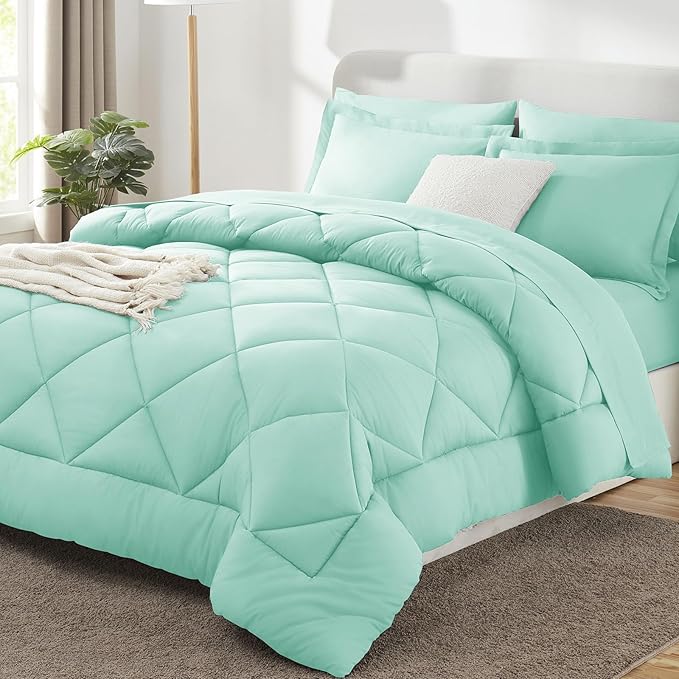 CozyLux Full Size Comforter Sets Mint Green - 7 Pieces Bed in a Bag Full, Luxury Soft Bed Set for All Seasons, Bedding Set with Down Alternative Comforter, Sheets, Pillowcases & Shams