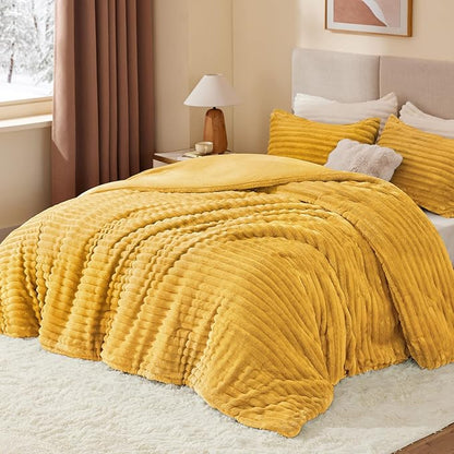 BEDELITE Fleece Twin Comforter Set -Super Soft & Warm Fluffy Mustard Yellow Bedding, Luxury Fuzzy Heavy Bed Set for Winter with 1 Pillow case