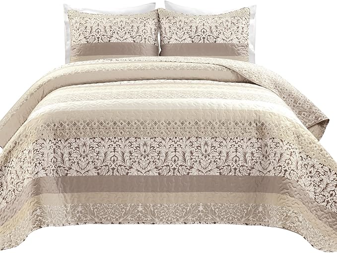 Lush Decor Boho Stripe Reversible Cotton Quilt 3-Piece Set, King, Neutral - Bold Colorful Bohemian Bedding Set