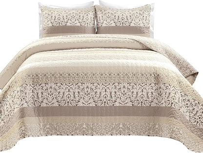 Lush Decor Boho Stripe Reversible Cotton Quilt 3-Piece Set, Full/ Queen, Neutral - Bold Colorful Bohemian Bedding Set