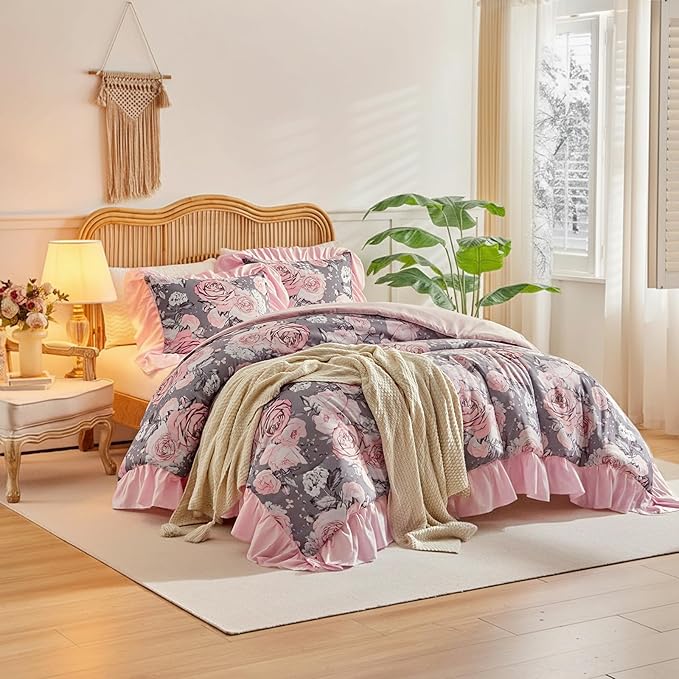 Flower Comforter Set Twin Size 68 * 86in - Gray Pink Floral with Leave Style -3 Pieces Shabby Chic Farmhouse Bedding with Ruffled Fringe Rustic Lightweight Botantical Ruffle Comforter with Shams
