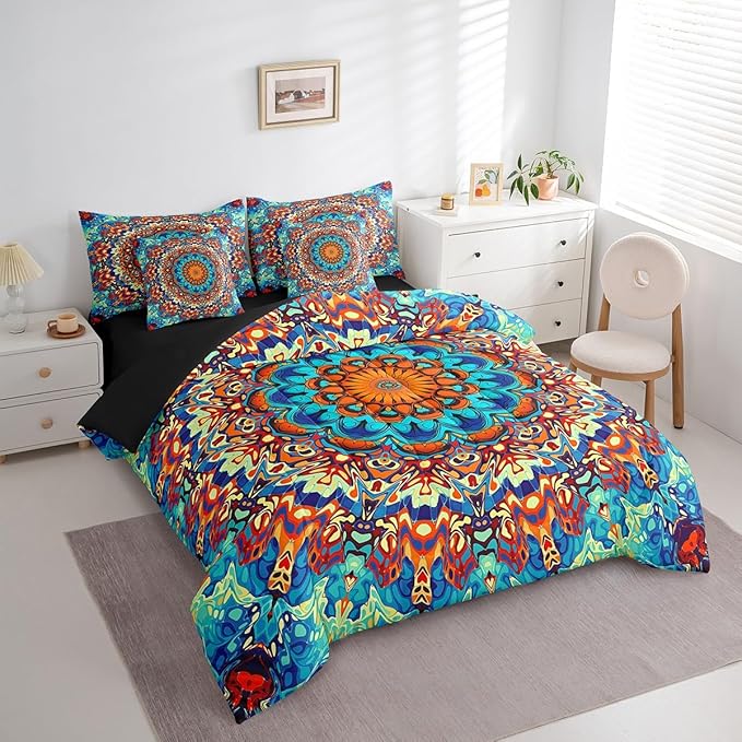 Boho Mandala Comforter Set Art Deco Vintage Bedding Comforter Sets, Retro Bohemian Bed in a Bag Paisley Bedding King Size 7pcs, Oriental Medallion Bedding Accessories Colorful Aesthetic Bedroom Decor
