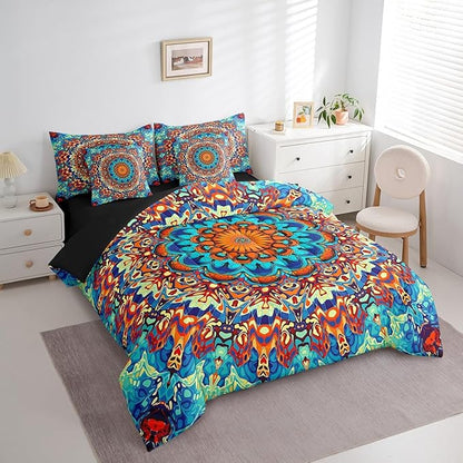 Boho Mandala Comforter Set Art Deco Vintage Bedding Comforter Sets 7pcs, Retro Bohemian Bed in a Bag Paisley Full Bedding Sets, Oriental Medallion Bedding Sets Colorful Aesthetic Bedroom Decor