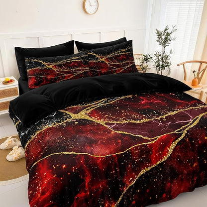 Gold Comforter Set 8 Pcs Red Bedding Set Full Size Bed in A Bag Red and Black Marble Stone Texture Abstract Room Decor
