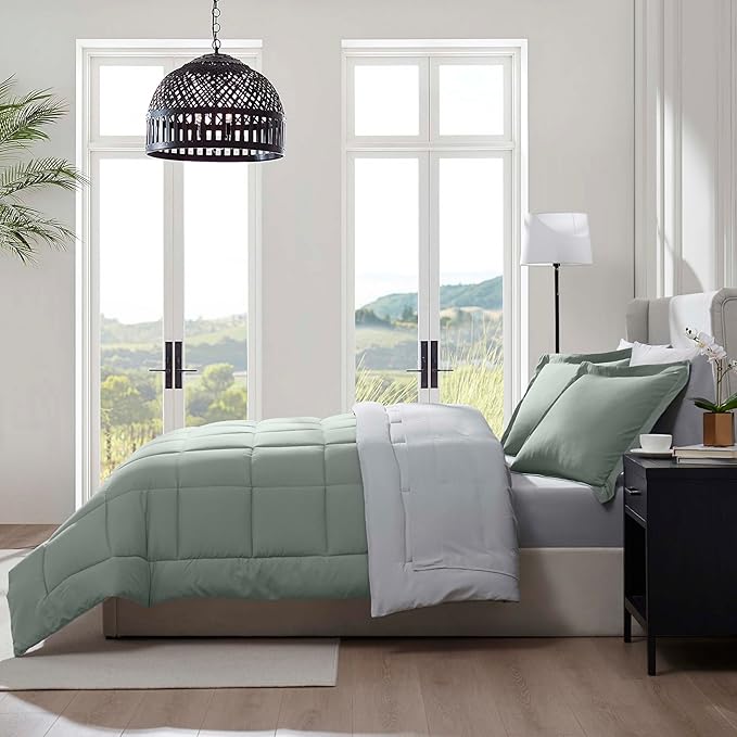 Nestl 7 Piece King Comforter Set – Sage Green Reversible Bed in a Bag – Complete King Size Bedding Set with Sheets, Pillowcases and Shams