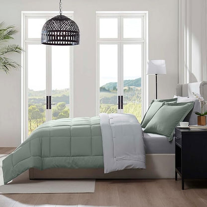 Nestl 7 Piece Queen Comforter Set – Sage Green Reversible Bed in a Bag – Complete Queen Size Bedding Set with Sheets, Pillowcases and Shams