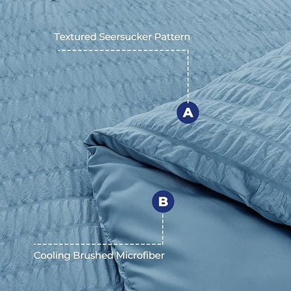 HYMOKEGE Mineral Blue Full Size Comforter Sets Seersucker 7 Pieces, All Season Luxury Bed in a Bag for Bedroom, Bedding Set with Comforter, Sheets, Pillowcases & Shams