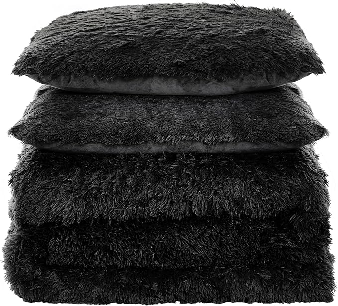 Full Size Luxury Faux Fur Comforter Set - Soft & Breathable 7-Piece Bedding Collection - 1 Comforter, 1 Fitted Sheet, 1 Flat, 2 Pillowcases, 2 Pillow Shams - Deep Pocket - Premium Quality, Black