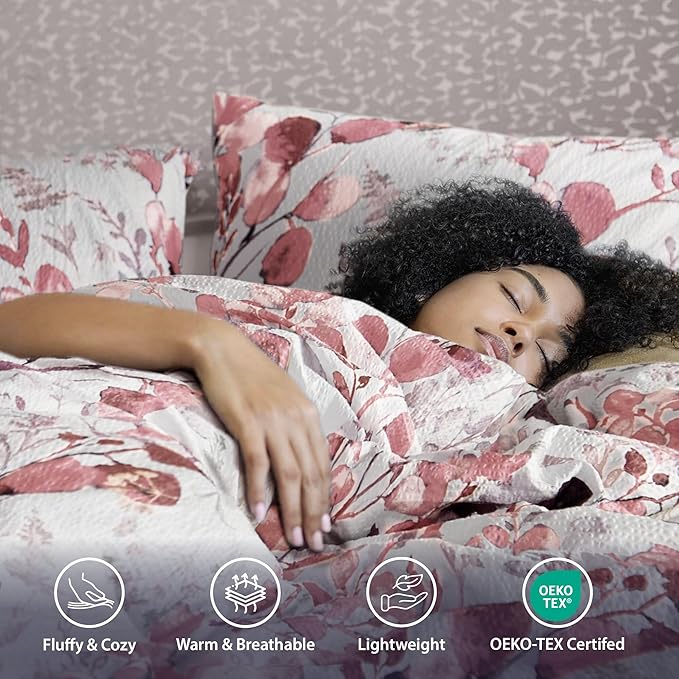 Lightweight Seersucker Botanical Comforter Set Twin Size, 2 Pieces Reversible Design with Striped Print, Premium Microfiber Bedding Set, Comforter and Sham Set, Pink