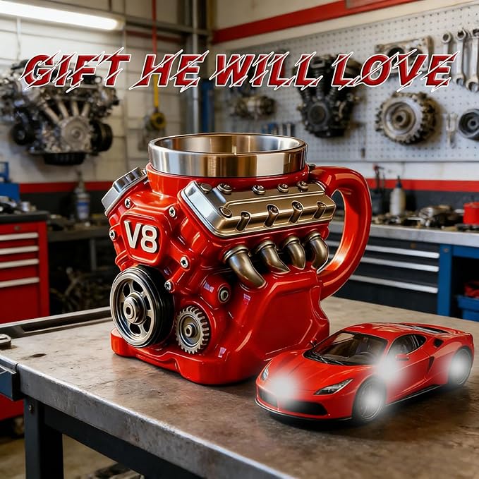 V8 Engine Coffee Mug, V8 Coffee Mug for Car Enthusiast, V8 Engine Mug Stainless Steel Cup Creative Design Decoration (Red)
