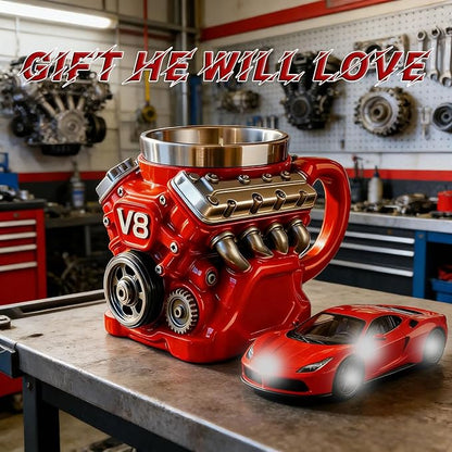 V8 Engine Coffee Mug, V8 Coffee Mug for Car Enthusiast, V8 Engine Mug Stainless Steel Cup Creative Design Decoration (Red)