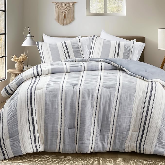 Hyde Lane Modern Farmhouse Comforter Set – King Size, 3-Piece Indigo Blue Striped Cotton Comforter with Matching Pillow Shams, Luxuriously Soft All-Season Bedding