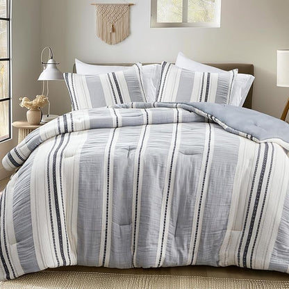 Hyde Lane Modern Farmhouse Comforter Set – King Size, 3-Piece Indigo Blue Striped Cotton Comforter with Matching Pillow Shams, Luxuriously Soft All-Season Bedding