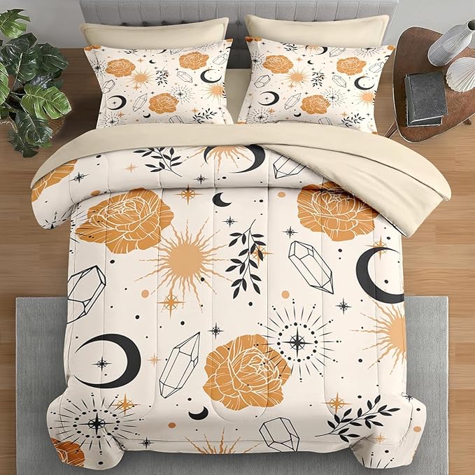 Comforter Set King Size, Plants Boho Astrology 7 Pcs Bedding for Kids and Adults, Vintage Space Leaf Bed Sheet Sets with Fitted Sheet 2 Pillowcases & 2 Shams for Bedroom Bed Decor
