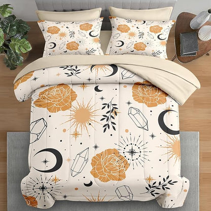 Comforter Set King Size, Plants Boho Astrology 7 Pcs Bedding for Kids and Adults, Vintage Space Leaf Bed Sheet Sets with Fitted Sheet 2 Pillowcases & 2 Shams for Bedroom Bed Decor