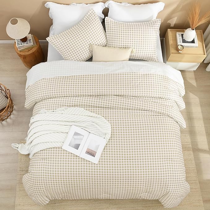 Andency Beige Gingham Comforter Set Queen(90x90Inch), Cream Checkered Grid Plaid Buffalo Bed Set for Girls Boys Kids Teens, 3 Pieces Lightweight Microfiber Geometric Preppy Bedding