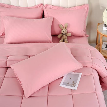 DOWNCOOL King Size Comforter Set, 7Pcs Bedding Comforter Sets Pink, All Season Down Alternative Bedding Comforter Sets with Comforter, Flat Sheet, Fitted Sheet, 2 Pillow Shams & 2 Pillowcases