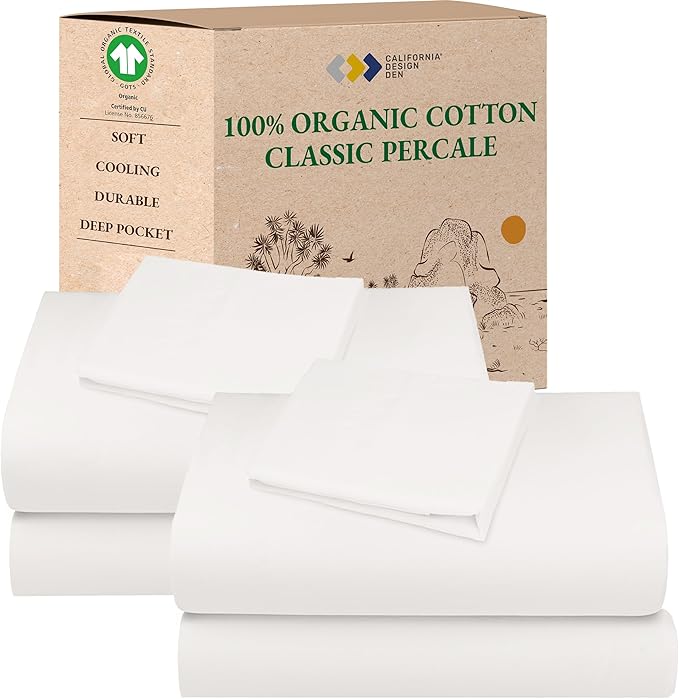 California Design Den 2-Pack 100% Organic Cotton Bed Sheets Twin Size Set - Crisp and Breathable Percale Sheets, Deep Pockets, Lightweight Bedding Set - True Ivory