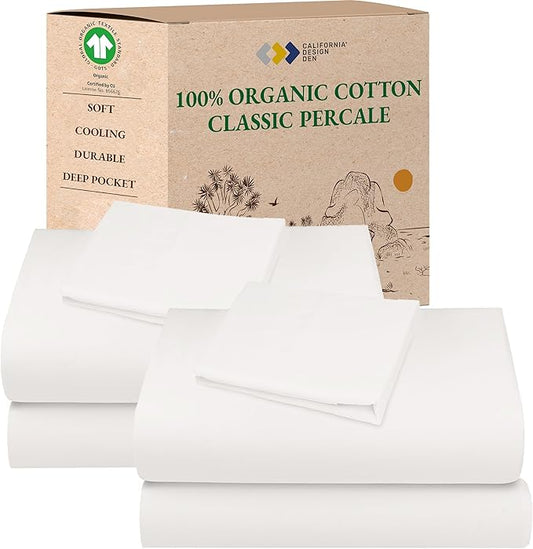 California Design Den 2-Pack 100% Organic Cotton Bed Sheets Twin Size Set - Crisp and Breathable Percale Sheets, Deep Pockets, Lightweight Bedding Set - True Ivory