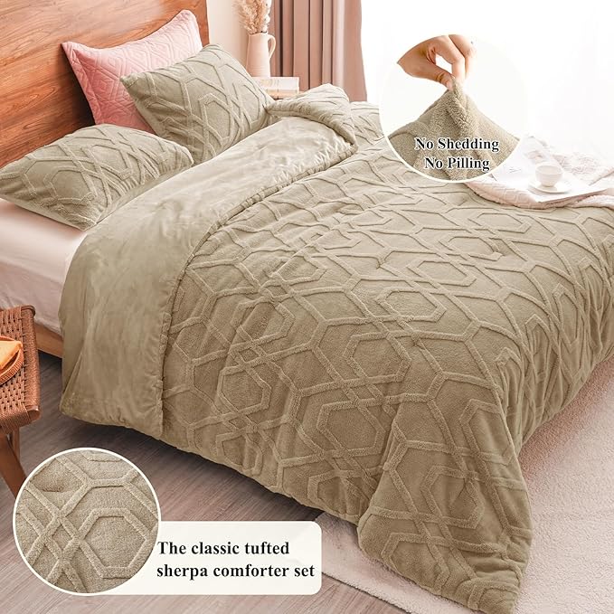 PHF Warm Sherpa Fleece Twin Comforter Set, 3D Tufted Fluffy Khaki Bedding for Winter, Soft 2 Pieces Shaggy Bed Set, 1 Comforter (68"x90") and 1 Pillowcase (20"x26")