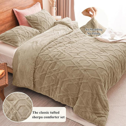 PHF Warm Sherpa Fleece Twin Comforter Set, 3D Tufted Fluffy Khaki Bedding for Winter, Soft 2 Pieces Shaggy Bed Set, 1 Comforter (68"x90") and 1 Pillowcase (20"x26")