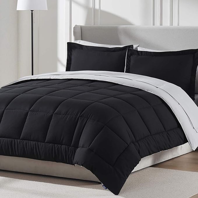 Nestl 7 Piece California King Comforter Set – Black Reversible Bed in a Bag – Complete Cal King Size Bedding Set with Sheets, Pillowcases and Shams