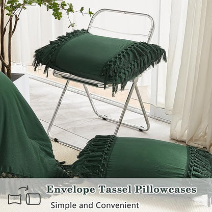 Andency Full Size Comforter Set Emerald Green, Dark Green Boho Tassel Lightweight Vintage Soft Bedding Comforter Sets, 3 Pieces All Season Fluffy Fringe Bed Set (79x90In Comforter & 2 Pillowcases)