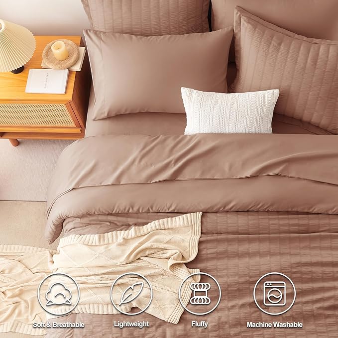 CozyLux Full Size Comforter Sets with Sheets Seersucker 7 Pieces Mocha Mousse Bed in a Bag Textured Luxury Soft Bedding Set with Down Alternative Comforter, Sheets, Pillowcases & Shams for All Seasons