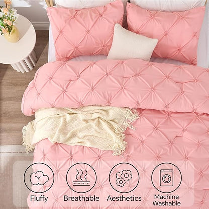 BEDELITE Pink Twin Comforter Set - 2 Peices Boho Pintuck Bedding Comforter Sets, Lightweight Soft & Warm Twin Bedding Sets with 1 Pillowcase for All Season