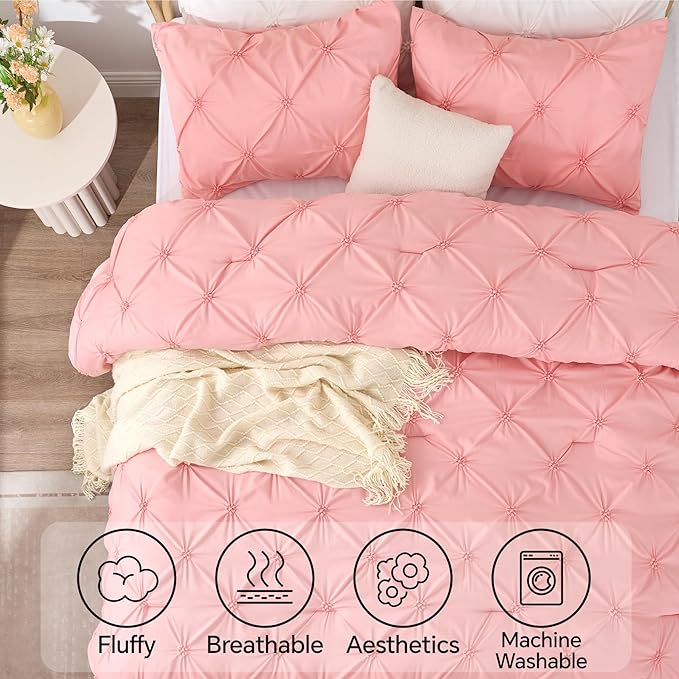 BEDELITE Pink Queen Comforter Set - 3 Pieces Boho Pintuck Bedding Comforter Sets, Lightweight Soft & Warm Bed Comforter with 2 Pillowcases for All Season,Valentines Day | Valentines Day, Multiple color, Modern Comforter, High Quality