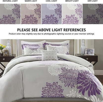 Comfort Spaces Enya Comforter Set-Modern Floral Design All Season Down Alternative Bedding, Matching Shams, Bedskirt, Decorative Pillows, Queen (90"x90"), Purple
