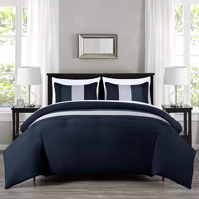 Chezmoi Collection Briar 7-Piece California King Bed in a Bag - All Season Lightweight Microfiber Comforter Set - Includes Sheets & Shams - Navy/Blue/Gray Pleated Stripe Design