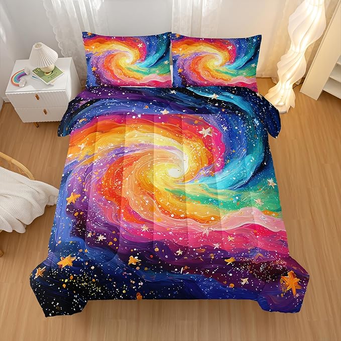 Rainbow Starry Sky Pattern Comforter Modern Abstract Comforter Set,Rainbow Starry Sky Bedding Set King Size,Mordern Art Decor All Season Lightweight Soft Microfiber with 2 PillowShams