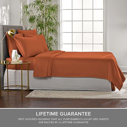 Pure Bamboo Split King Sheets, Genuine 100% Organic Viscose Derived from Bamboo Bed Sheet Set, Soft & Cooling, Double Stitching, 2 Fitted Sheets (Split King, Terracotta)