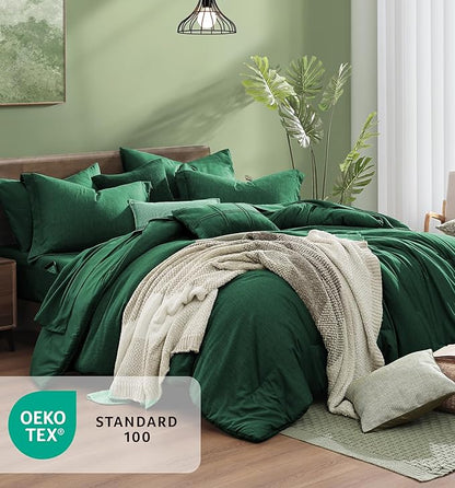 Monbix Queen Comforter Set - 7 Pieces Cationic Dyeing Emerald Green Bed in a Bag Queen Bedding Sets with Comforter, Sheets, Pillowcases & Shams, Reversible Bedding Comforters Sets