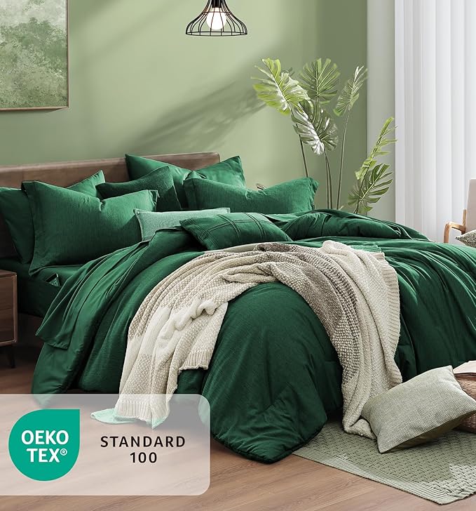Monbix Full Size Comforter Set, Emerald Green Bedding Comforter for Full Size Bed Set Reversible, Bedding Sets Full 7 Pieces, Cationic Dyeing Bed in a Bag with Comforter, Sheets, Pillowcases & Shams