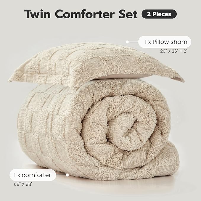 Joiedomi Tufted Twin Comforter Set, 2 Pieces Beige Boho Twin Bedding Set with 1 Plaid Geometric Comforter and 1 Pillow Sham, Checkered Bed in a Bag for All Seasons