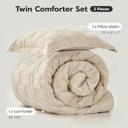 Joiedomi Tufted Twin Comforter Set, 2 Pieces Beige Boho Twin Bedding Set with 1 Plaid Geometric Comforter and 1 Pillow Sham, Checkered Bed in a Bag for All Seasons