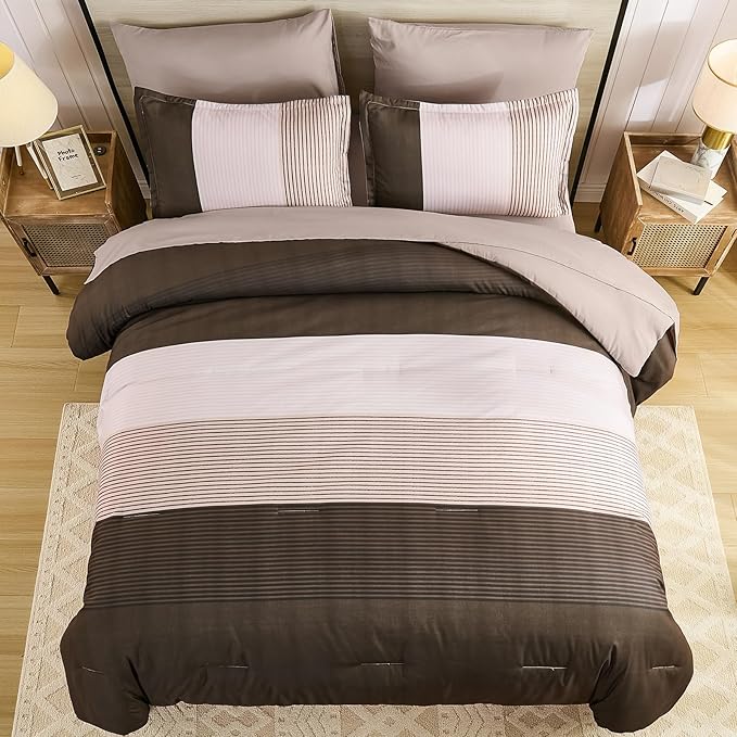 Anibedding King Size Comforter Set 7 Pieces, Chocolate Brown Bedding Set Patchwork Striped Bed in a Bag, Soft Microfiber Comforter Set with Sheets for All Season