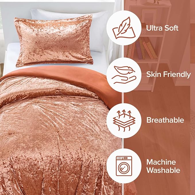 Comfort Spaces Luxe Twin Comforter Set Velvet Comforters for Twin Size Bed, Microfiber Reverse, Juliette, All Season Velvet Bedding Twin Size, Fluffy Bed Set, Sham, Twin/Twin XL, Burnt Orange 2 Piece