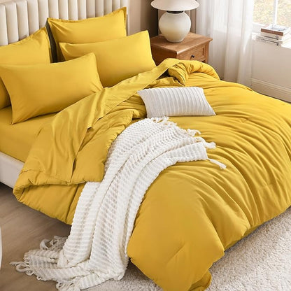 Litanika Comforter King Size Set Mustard Yellow - 7 Pieces Bed in a Bag King Bedding Comforter Sets, Plain Lightweight Bed Set with Comforter, Sheets, Pillowcases & Shams