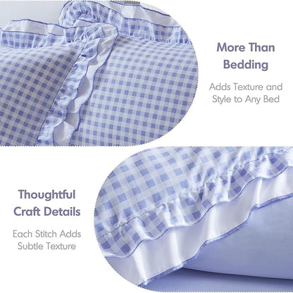 Intelligent Design Rowena Full Comforter Set – Blue Gingham Ruffled Bedding, Vintage Farmhouse Style, Reversible All Season 4-Piece Bedding Set, Full/Queen, Gift for Her