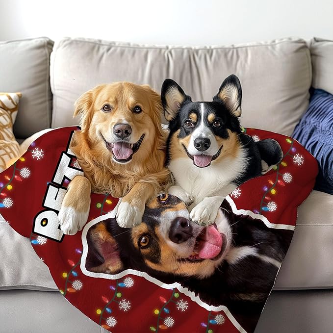 Personalized Christmas Blanket with Pet's Picture & Name, Custom Puppy Photo Collage Throw Blanket, Pet Memorial Blanket Gift for Cat & Dog Lovers, Gifts for Dog Mom & Dad
