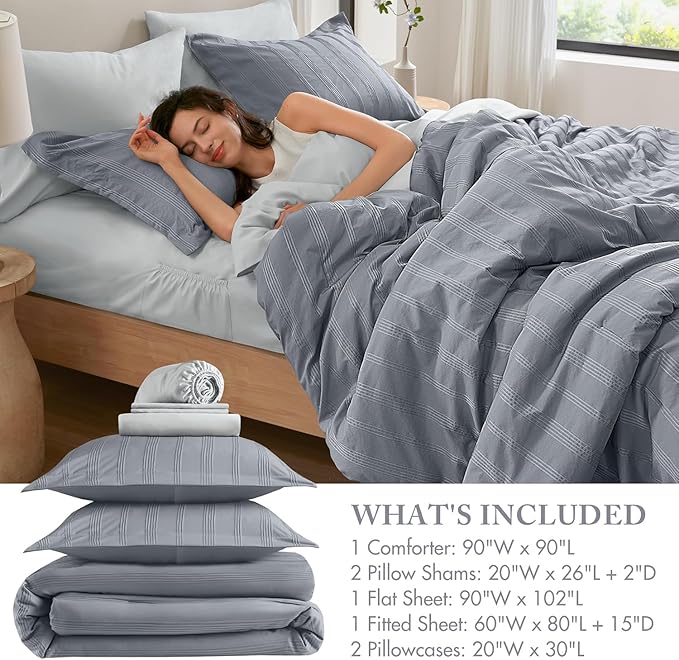 Madison Park Essentials Striped Comforter Set Queen, 7 Pieces Modern Minimalist Jacquard Bedding Set for All Season, Bed in A Bag with Sheet Set and Soft Brushed Reverse, Lightweight Blue/Grey