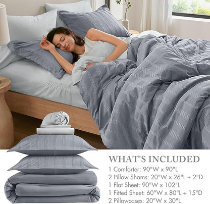 Madison Park Essentials Striped Comforter Set Queen, 7 Pieces Modern Minimalist Jacquard Bedding Set for All Season, Bed in A Bag with Sheet Set and Soft Brushed Reverse, Lightweight Blue/Grey