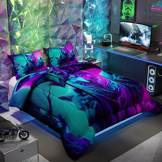 Namoxpa6 Pieces Wolf Comforter Sets,3D Purple Pattern,Decorative 6 Piece Bedding Sets with Comforter,Flat Sheet,Fitted Sheet,Throw Pillow Cover,Pillow Shams,Queen Size