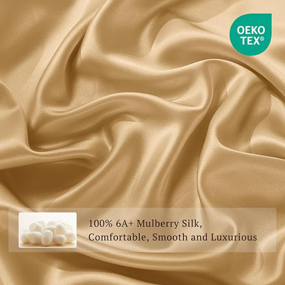 THXSILK 6A+ Top Grade 100% Pure Mulberry Silk Queen Fitted Sheet 3Pcs Set Bed Sheets Luxury Bedding for Hair and Skin Health Oeko-TEX Certified, 1 Fitted Sheet with 2 Pillowcases, Metallic Gold