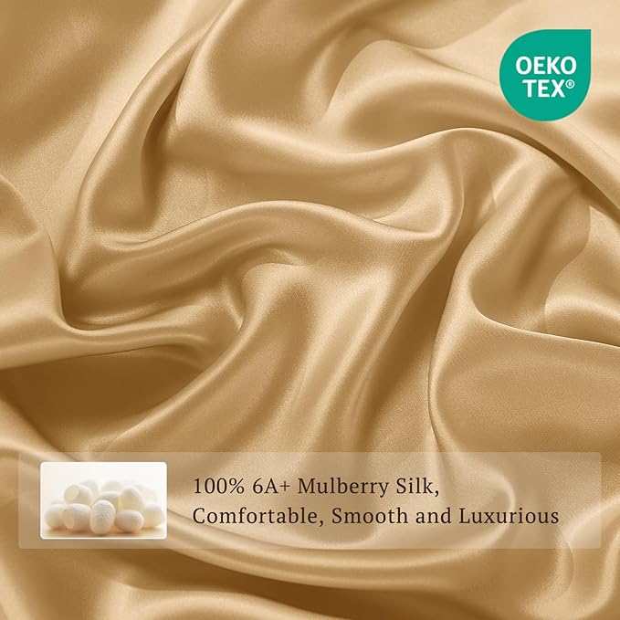 THXSILK 6A+ Top Grade 100% Pure Mulberry Silk King Fitted Sheet 3Pcs Set Bed Sheets Luxury Bedding for Hair and Skin Health Breathable Cooling, 1 Fitted Sheet with 2 Pillowcases, Metallic Gold