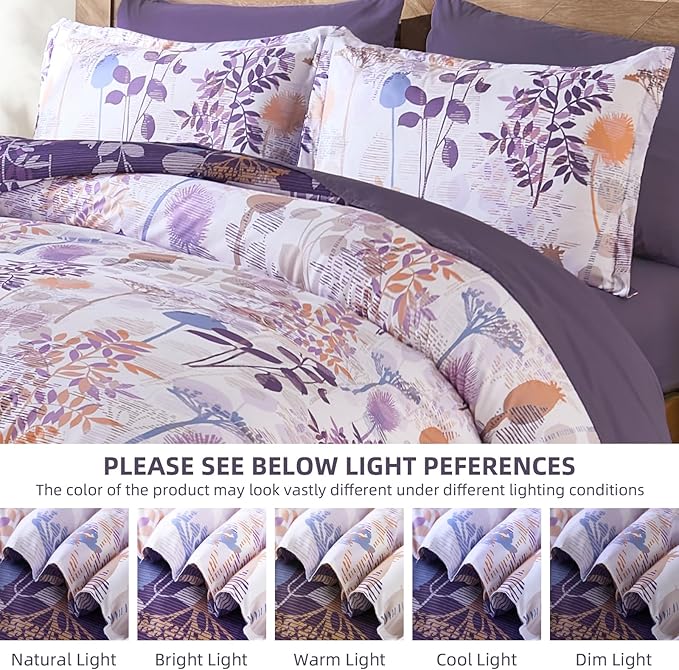 Anibedding Full Size Comforter Set, Purple Botanical Bed in a Bag Complete Set with Sheet Pillowcase for Kid's Bedroom All Season